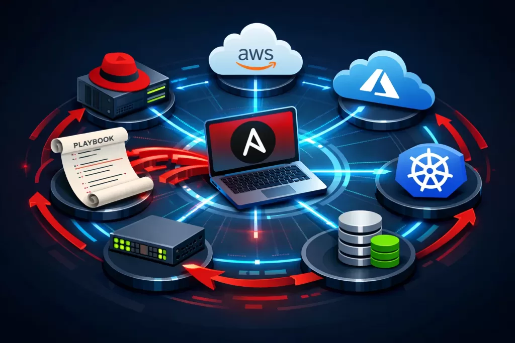 Ansible automation platform managing multiple systems and cloud environments from central control node