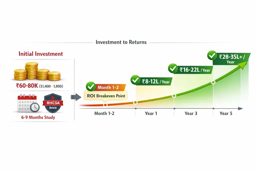 Red Hat certification ROI analysis showing investment recovery and 5-year salary progression
