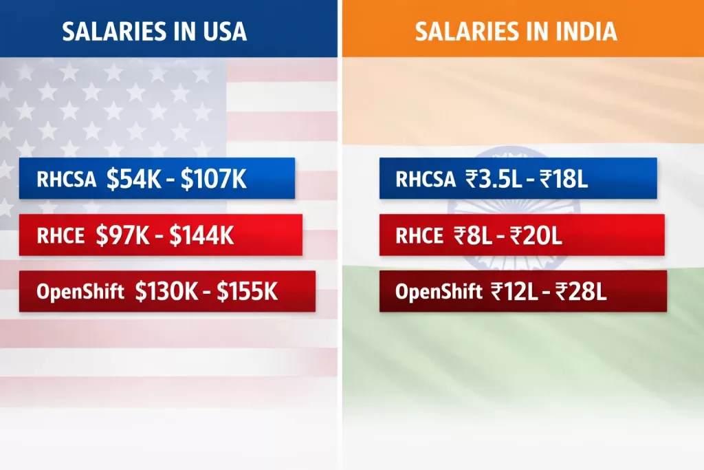 Red Hat certification salary comparison between USA (USD) and India (INR) for RHCSA and RHCE