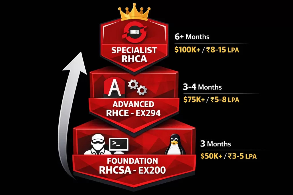 Red Hat certification progression path from RHCSA to RHCE to specialist certifications with timelines