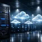 AWS Outposts server rack installed inside an on-premises data center with cloud connection visualization