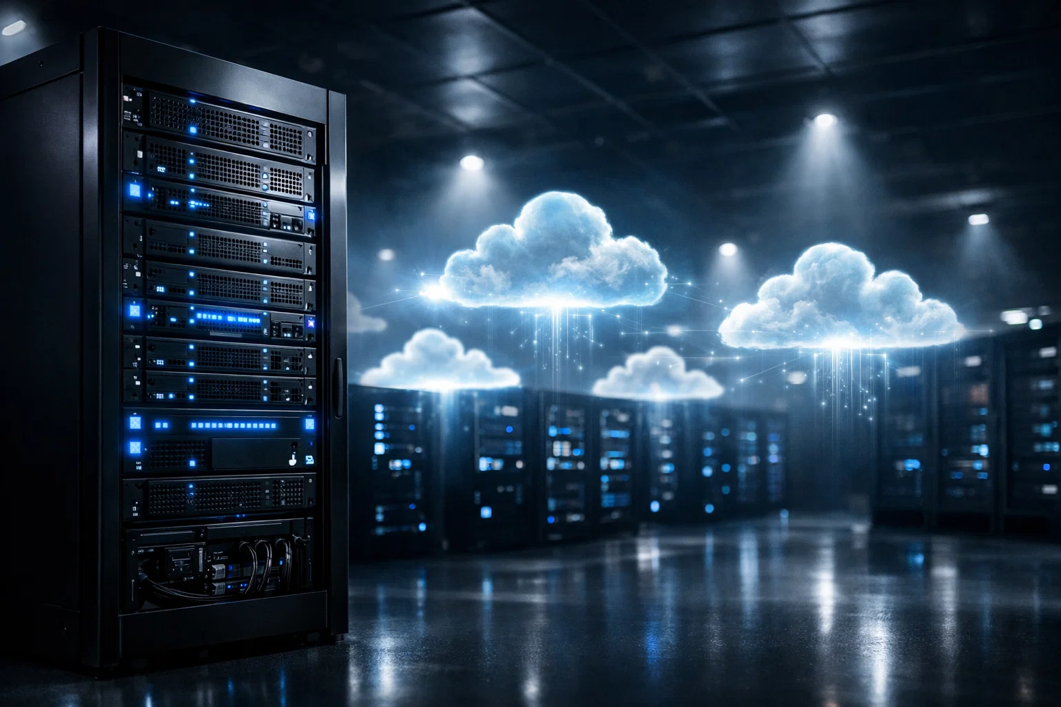 AWS Outposts server rack installed inside an on-premises data center with cloud connection visualization