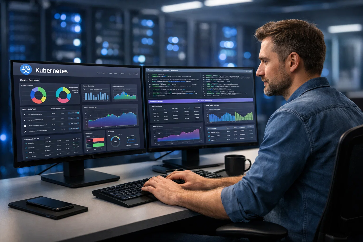 IT professional managing a Red Hat OpenShift cluster on dual monitors in a modern server room