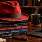 A red fedora hat resting on top of a glowing stack of certification books and a laptop keyboard, symbolising Red Hat certification careers in enterprise IT