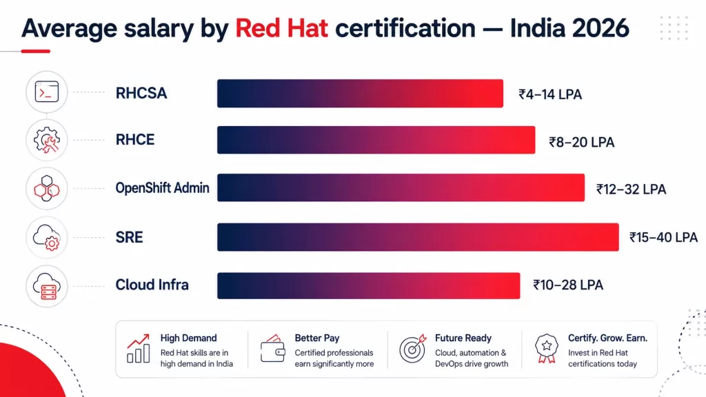 Bar chart comparing average salaries in India for RHCSA, RHCE, and OpenShift certified professionals in 2025, ranging from ₹4 LPA to ₹32 LPA