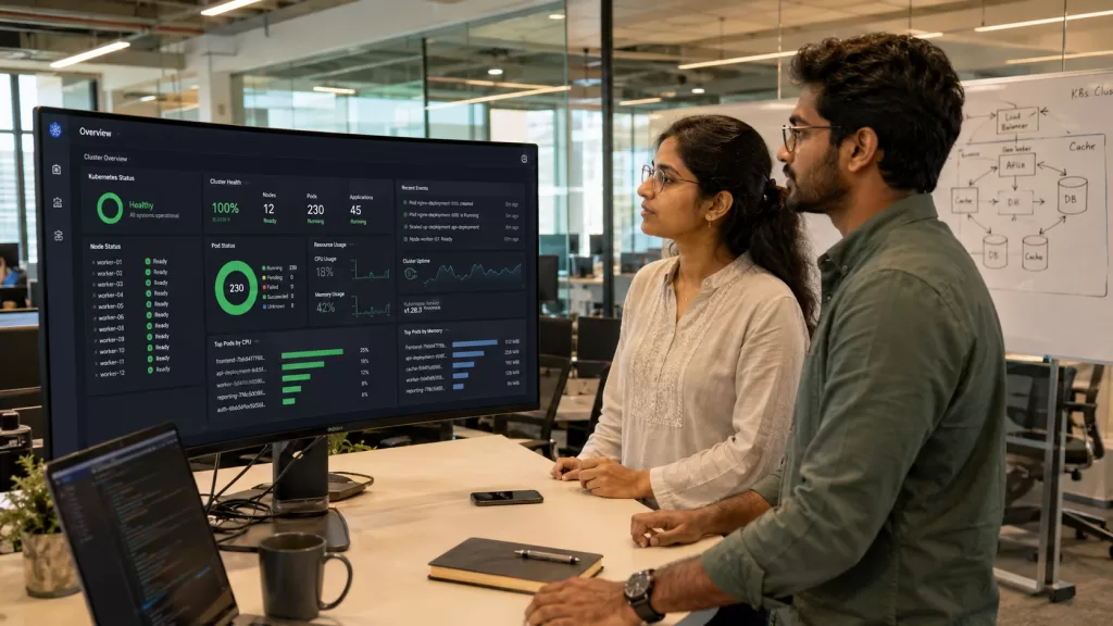 A team of Indian IT professionals collaborating around a server room workstation, reviewing Red Hat OpenShift dashboard metrics on large monitors in a modern tech office